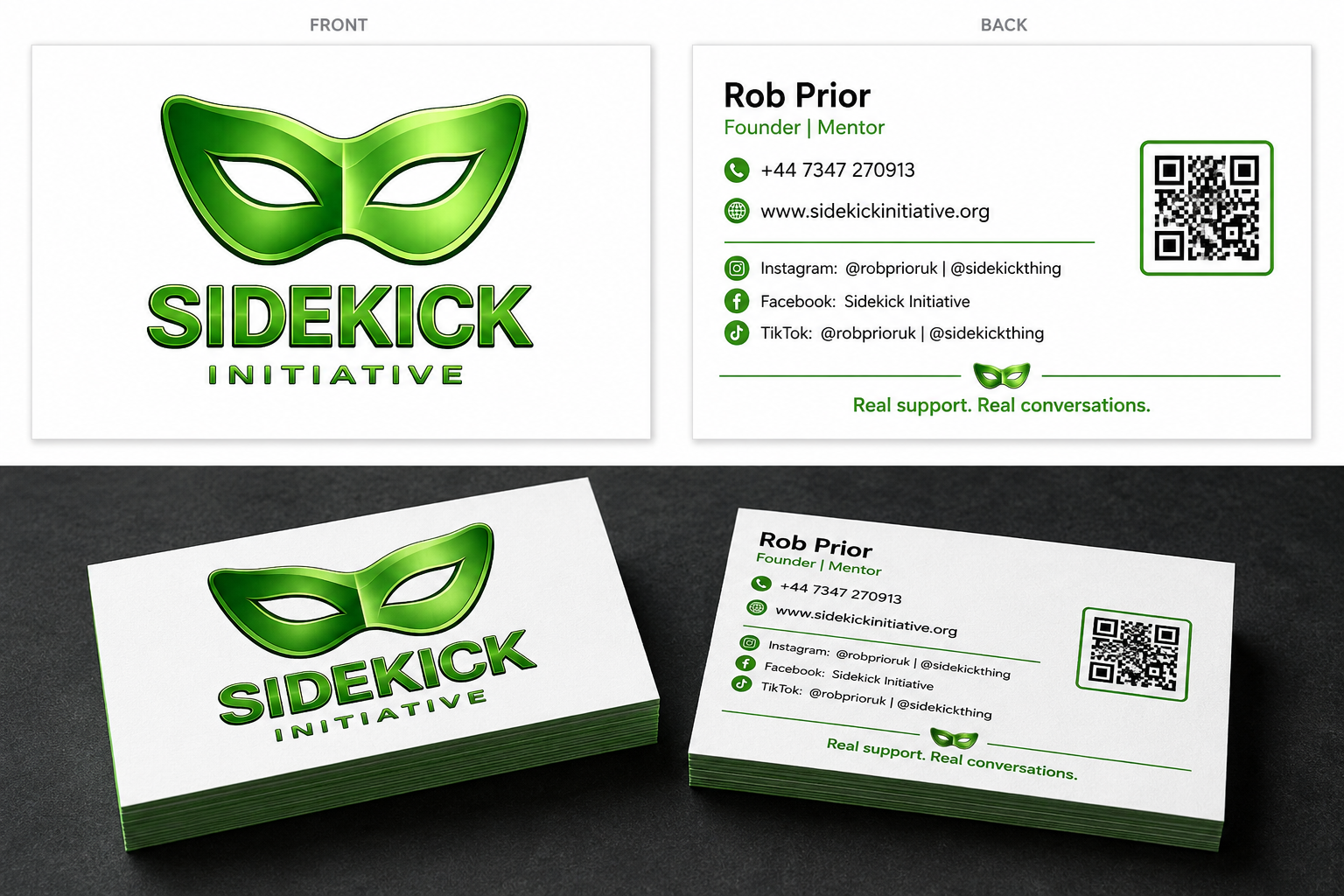 Front and back of the printed Sidekick Initiative business cards